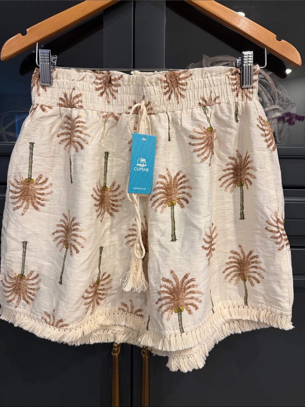 Cupshe Cream Palm-Print High-Waist Tassel Shorts